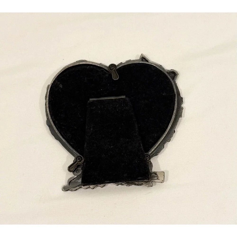Vintage Pewter Heart Shaped Photo Frame with Rose and Bow Motif